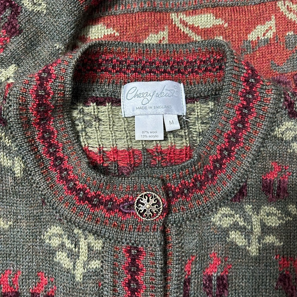 Vintage Cherry Lewis Women's M Wool Blend Floral Nordic Patter Cardigan Sweater - Picture 5 of 13
